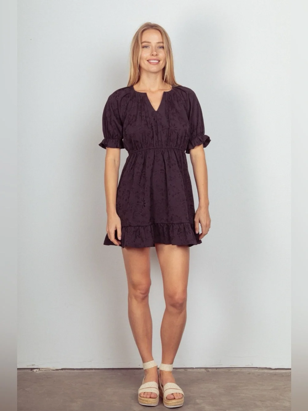 VERY J Floral Textured Woven Ruffled Mini Dress - Picture 4 of 4